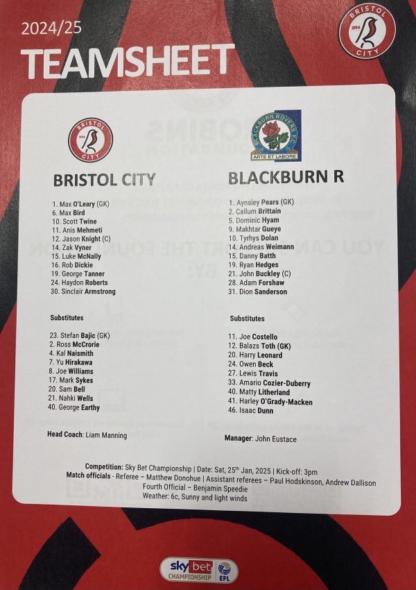 Bristol City v Blackburn Rovers 25-01-2025